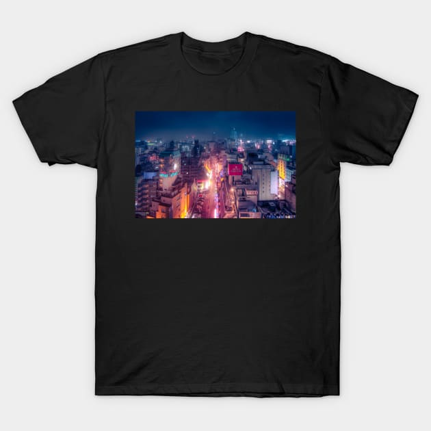 Old Tokyo city scape golden warm light from the streets below T-Shirt by TokyoLuv